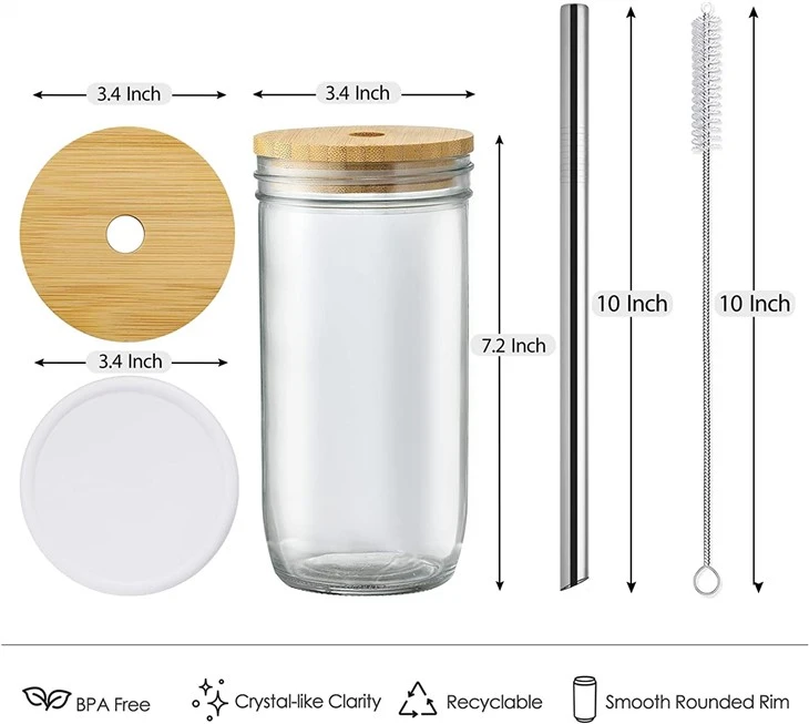 24oz Mason Jar With Bamboo Lids & Straws