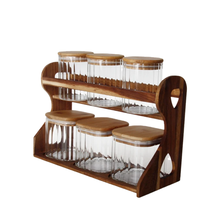 Hexagon-Set High Borosilicate Glass Storage Jars With Wooden Lids & Base factory